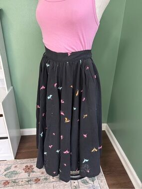 Vintage Black A-Line Midi Skirt with Pink & Blue Floral Accents
